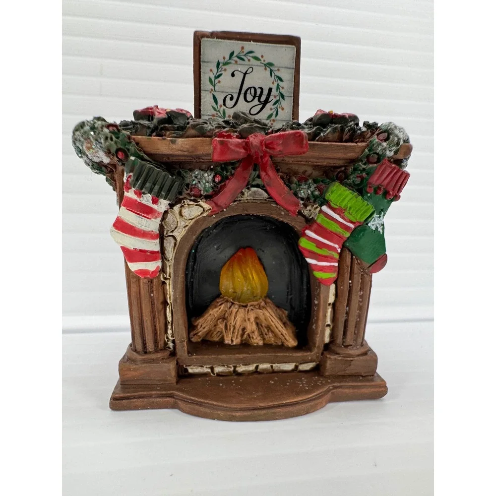 Light Up Christmas Fireplace Figurine Brown Resin Joy Sign Stockings Wreath